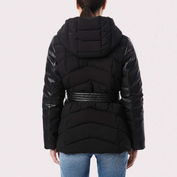Women's Black Puffer Wrap Coat - Picture 4 of 10